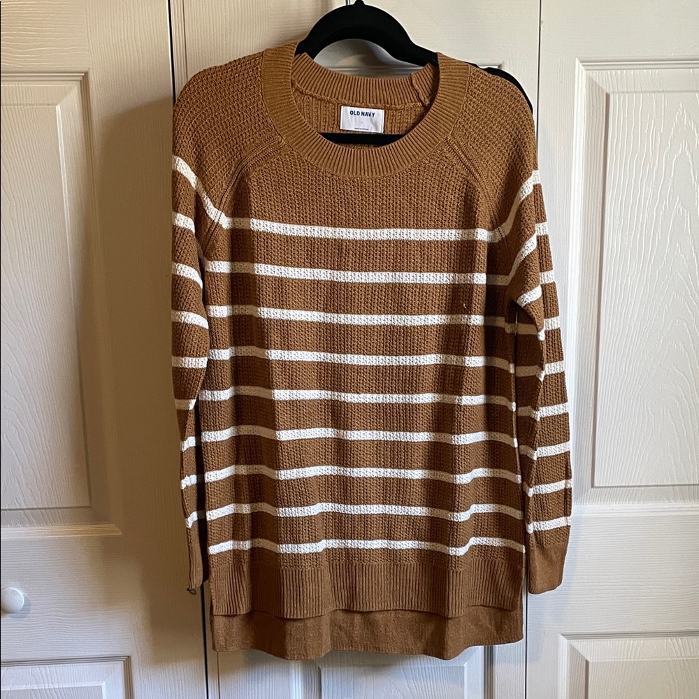 Old Navy Tan & White Striped Crewneck Sweater